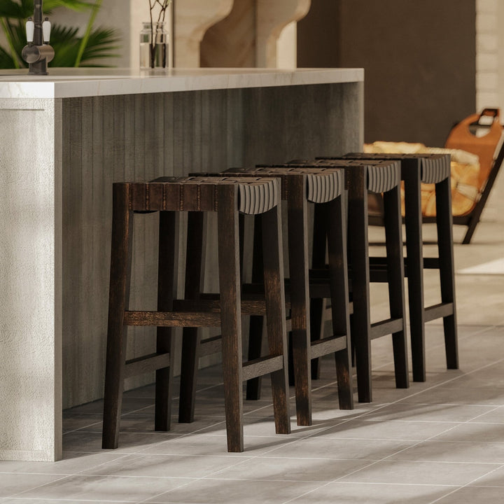 Emerson Counter Stool In Weathered Brown Wood Finish With Marksman Saddle Vegan Leather in Stools by Maven Lane