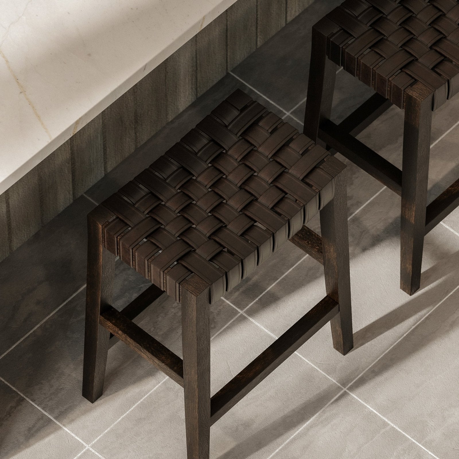 Emerson Counter Stool In Weathered Brown Wood Finish With Marksman Saddle Vegan Leather in Stools by Maven Lane