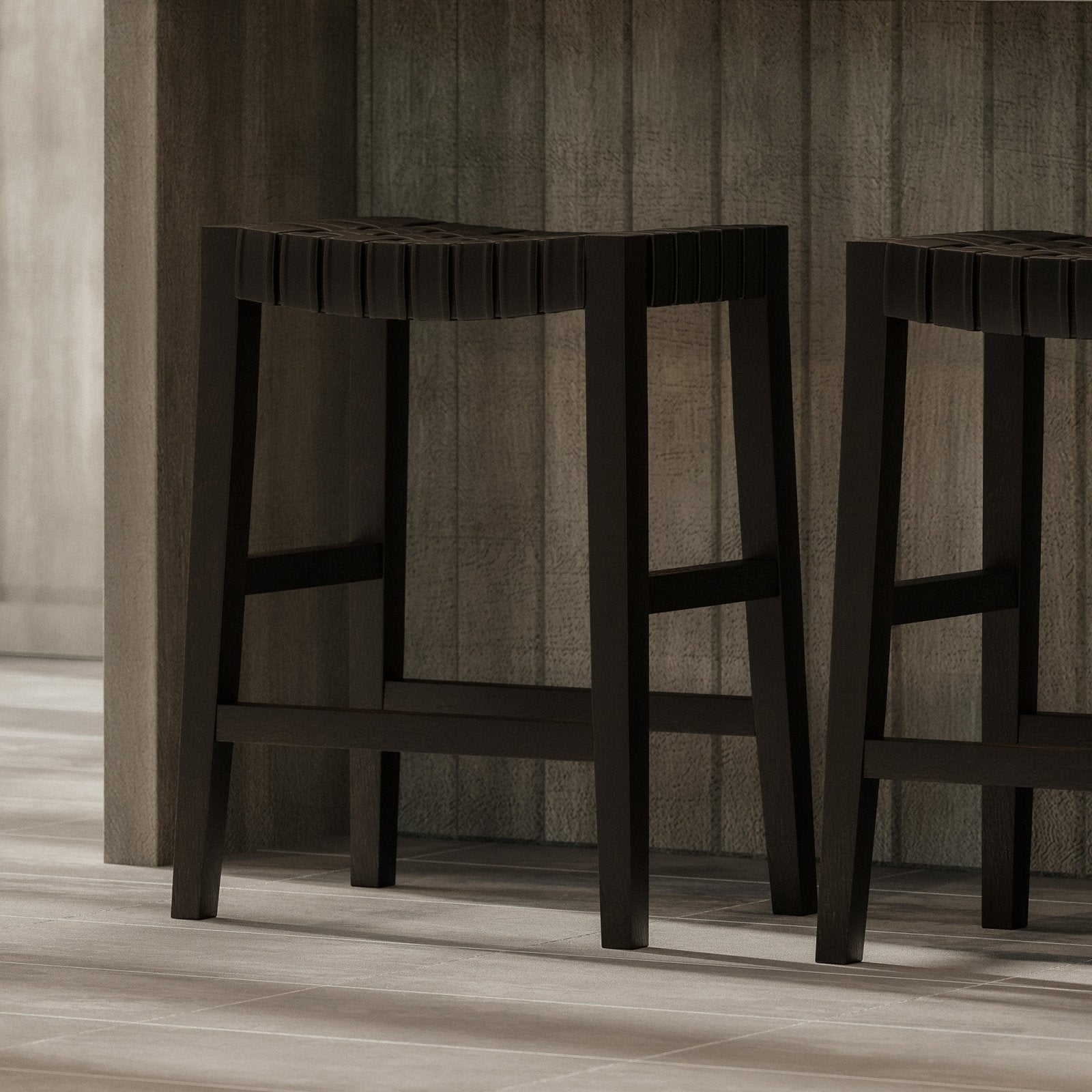 Emerson Counter Stool In Weathered Brown Wood Finish With Marksman Saddle Vegan Leather in Stools by Maven Lane