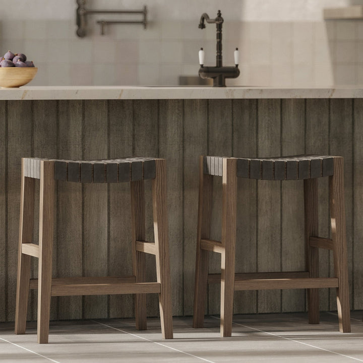 Emerson Counter Stool In Weathered Grey Wood Finish With Ronan Stone Vegan Leather in Stools by Maven Lane