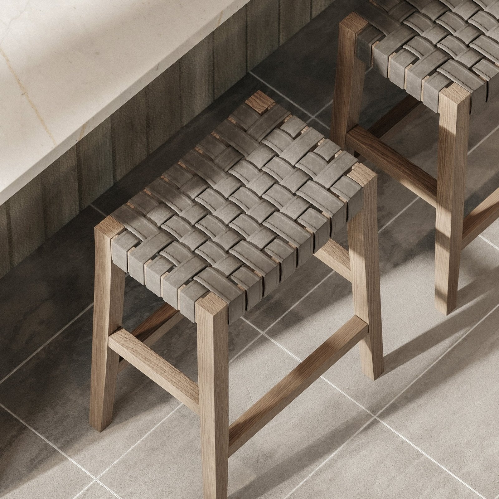 Emerson Counter Stool In Weathered Grey Wood Finish With Ronan Stone Vegan Leather in Stools by Maven Lane