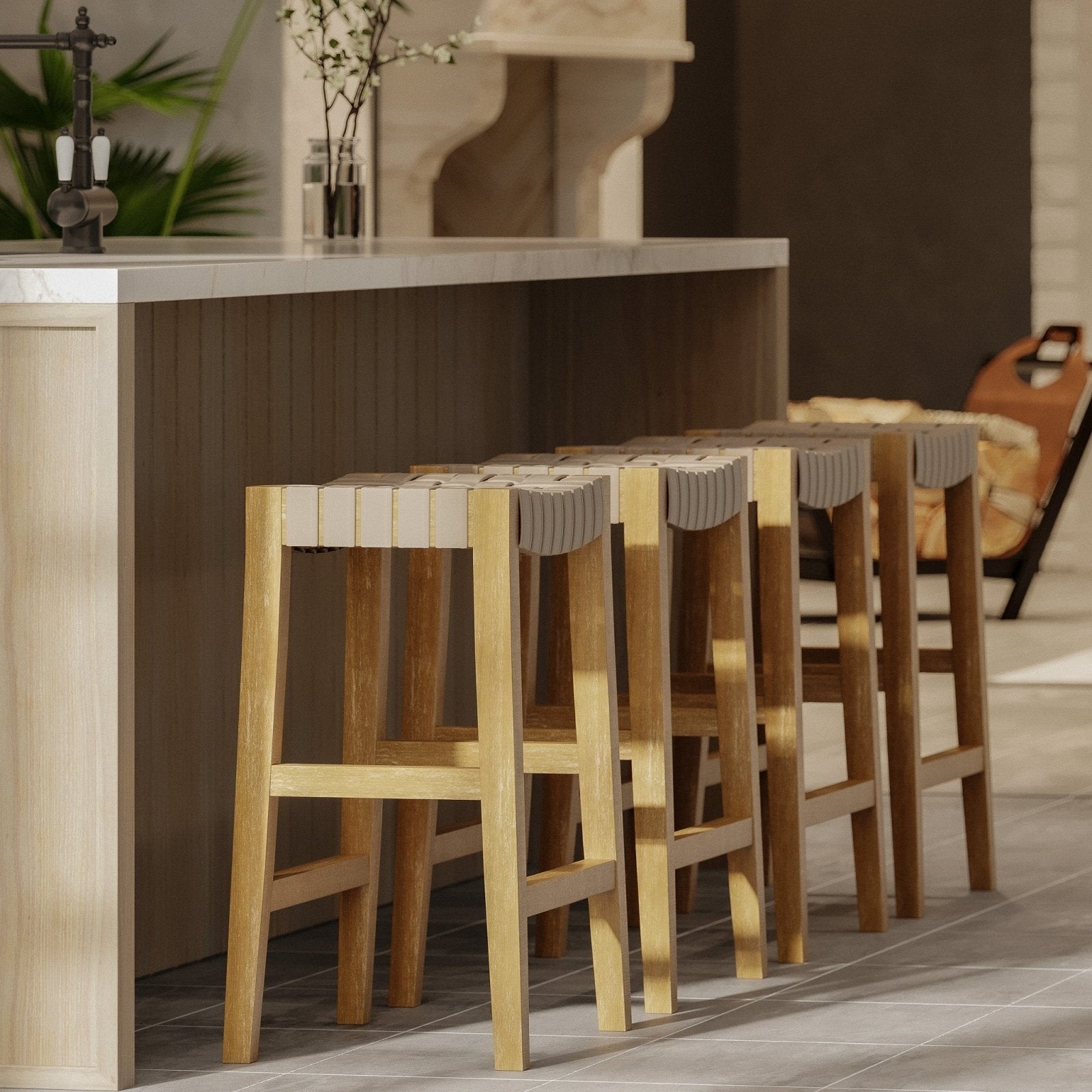 Emerson Counter Stool In Weathered Natural Wood Finish With Avanti Bone Vegan Leather in Stools by Maven Lane