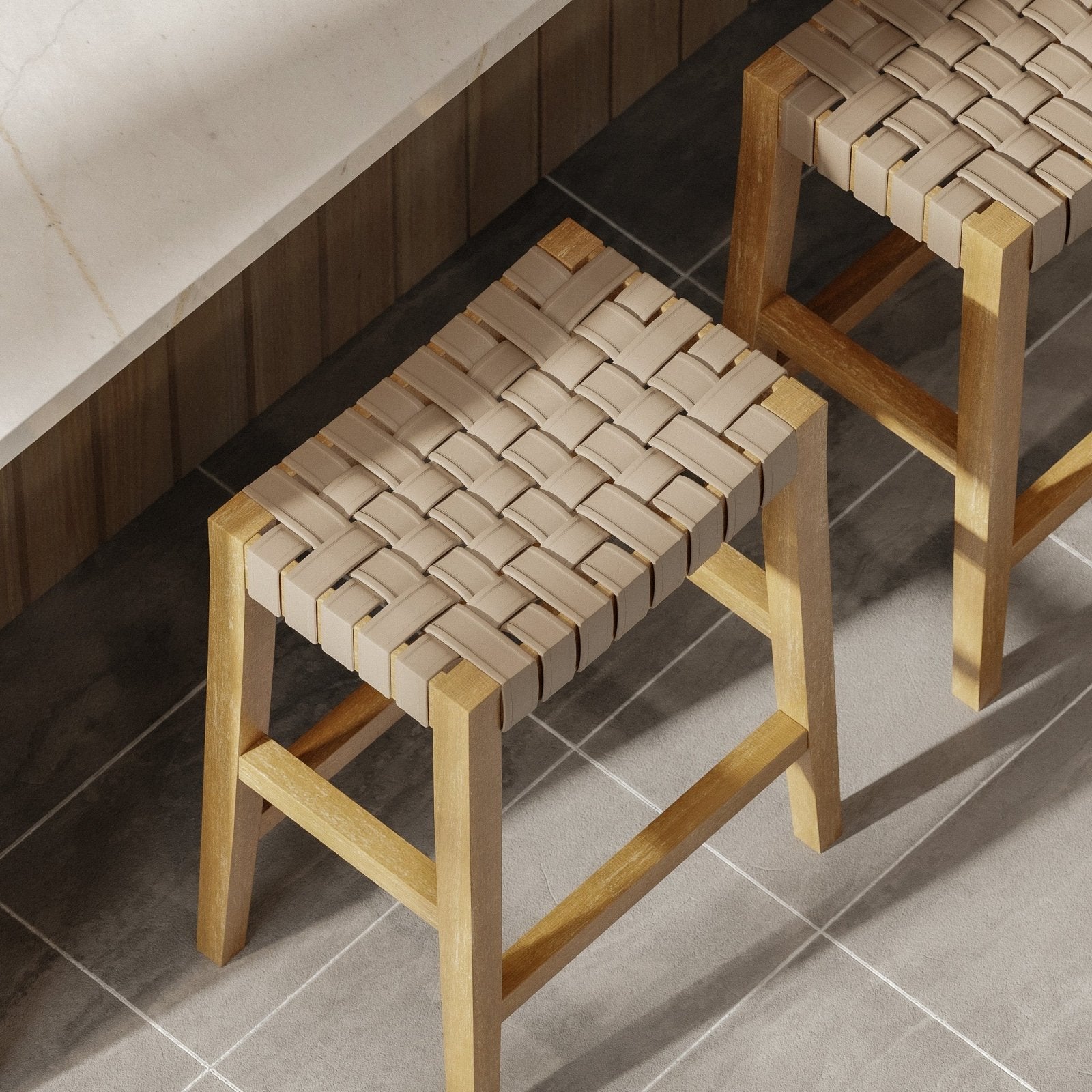 Emerson Counter Stool In Weathered Natural Wood Finish With Avanti Bone Vegan Leather in Stools by Maven Lane