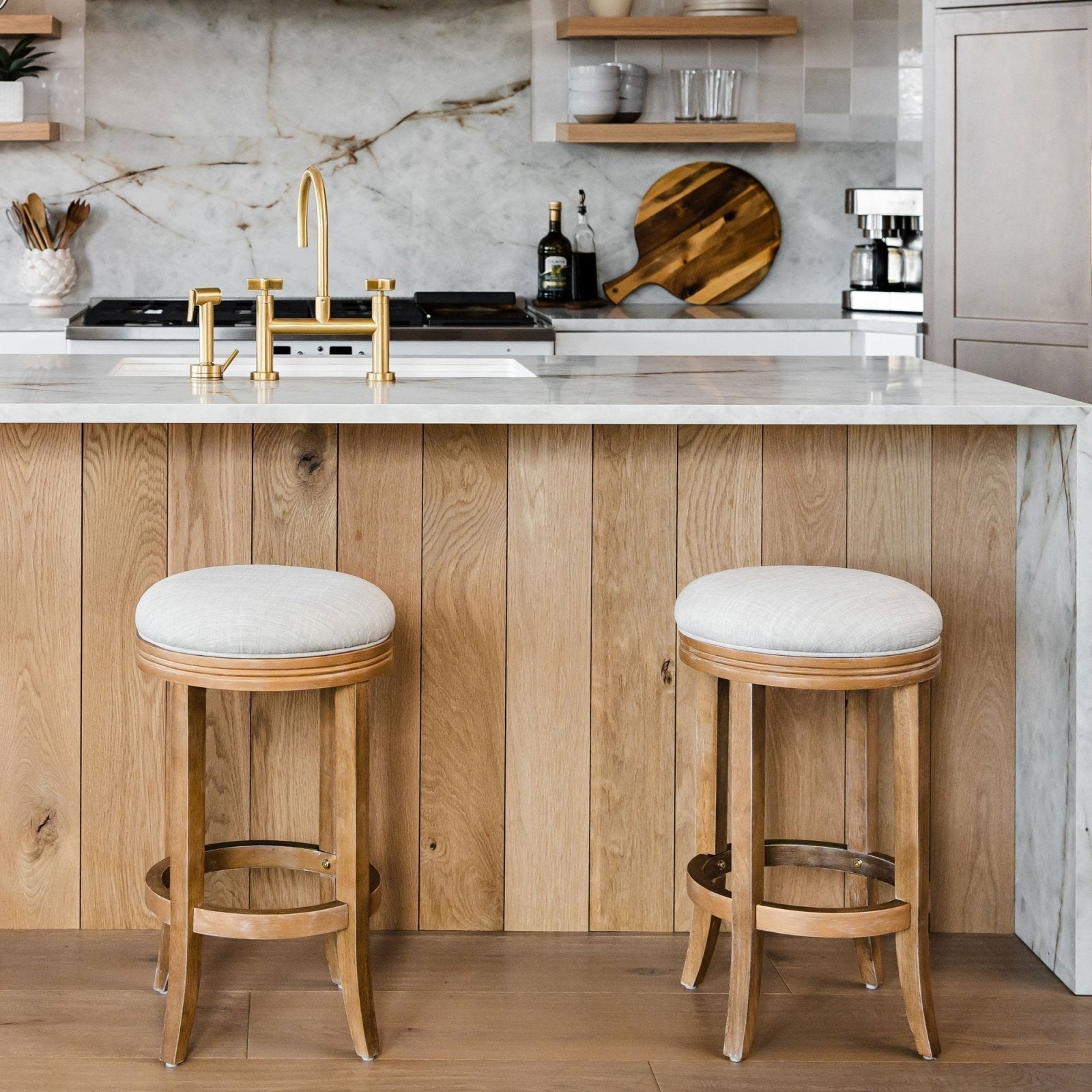 Eva Counter Stool in Weathered Oak Finish with Sand Color Fabric Upholstery in Stools by Maven Lane