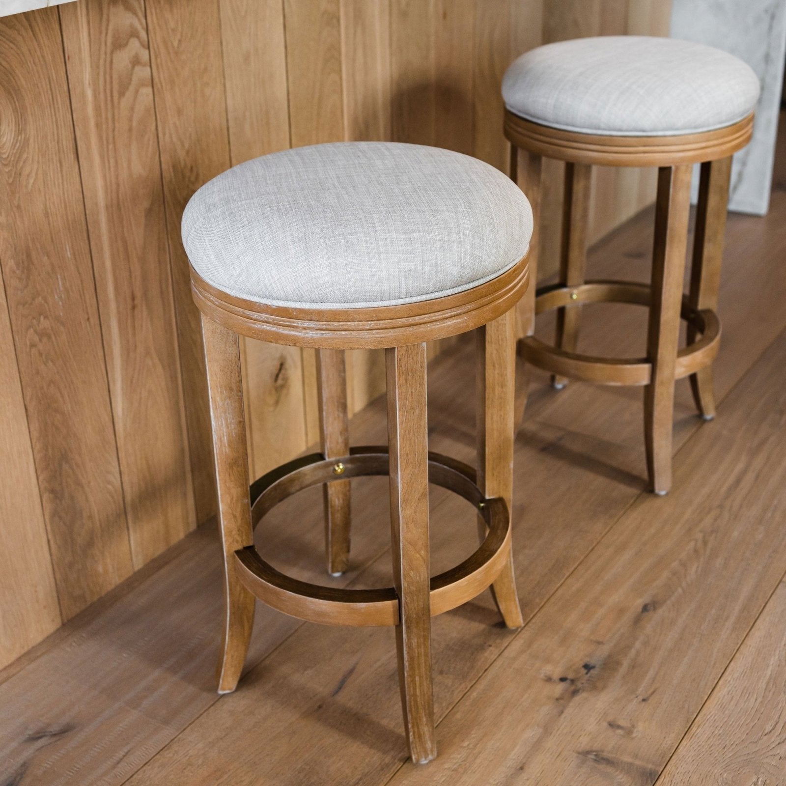 Eva Counter Stool in Weathered Oak Finish with Sand Color Fabric Upholstery in Stools by Maven Lane