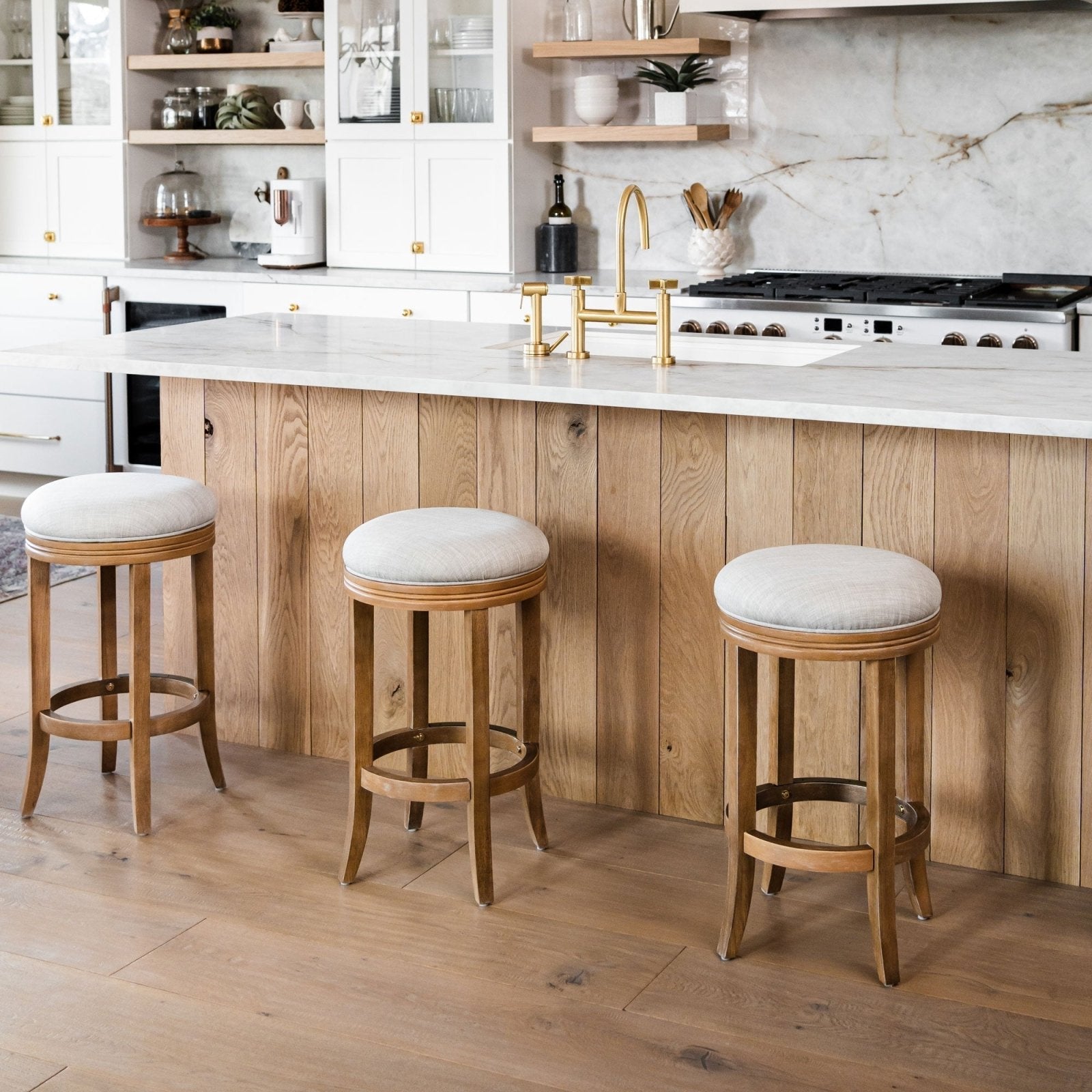 Eva Counter Stool in Weathered Oak Finish with Sand Color Fabric Upholstery in Stools by Maven Lane