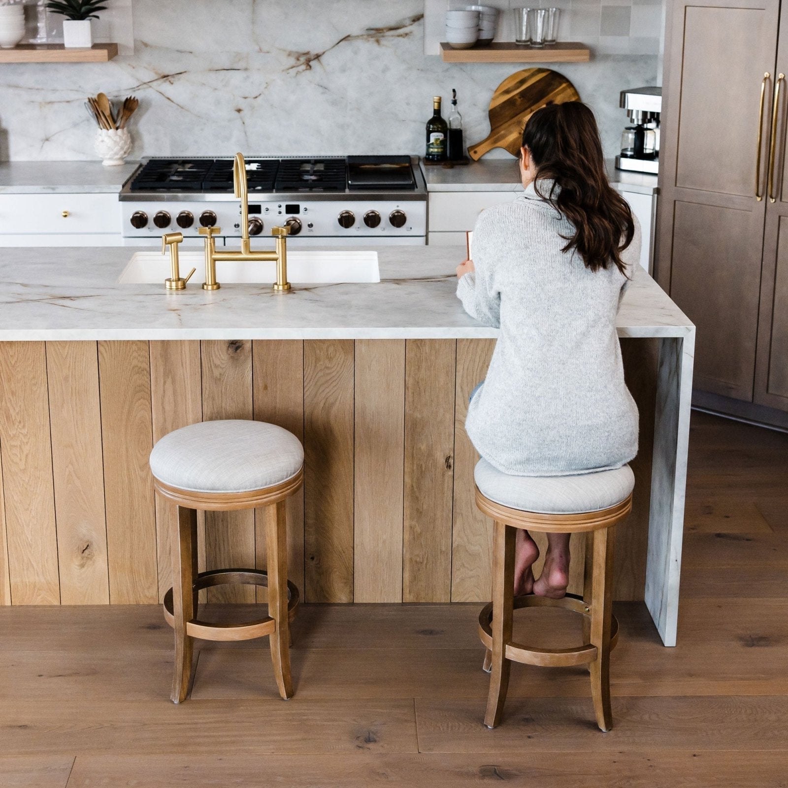 Eva Counter Stool in Weathered Oak Finish with Sand Color Fabric Upholstery in Stools by Maven Lane