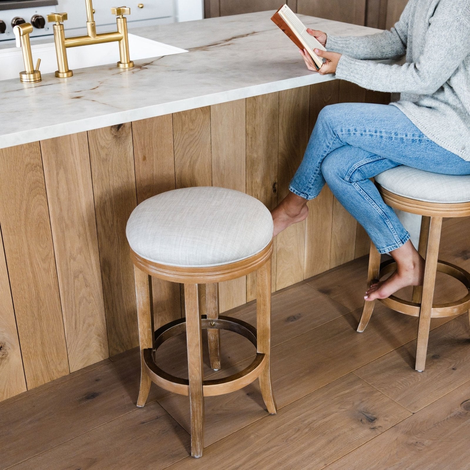 Eva Counter Stool in Weathered Oak Finish with Sand Color Fabric Upholstery in Stools by Maven Lane