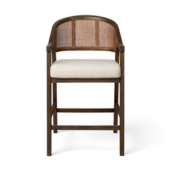 Chloe Counter Stool in Brown Finish with Beige Fabric Upholstery and Honey Rattan Back in Stools by Maven Lane