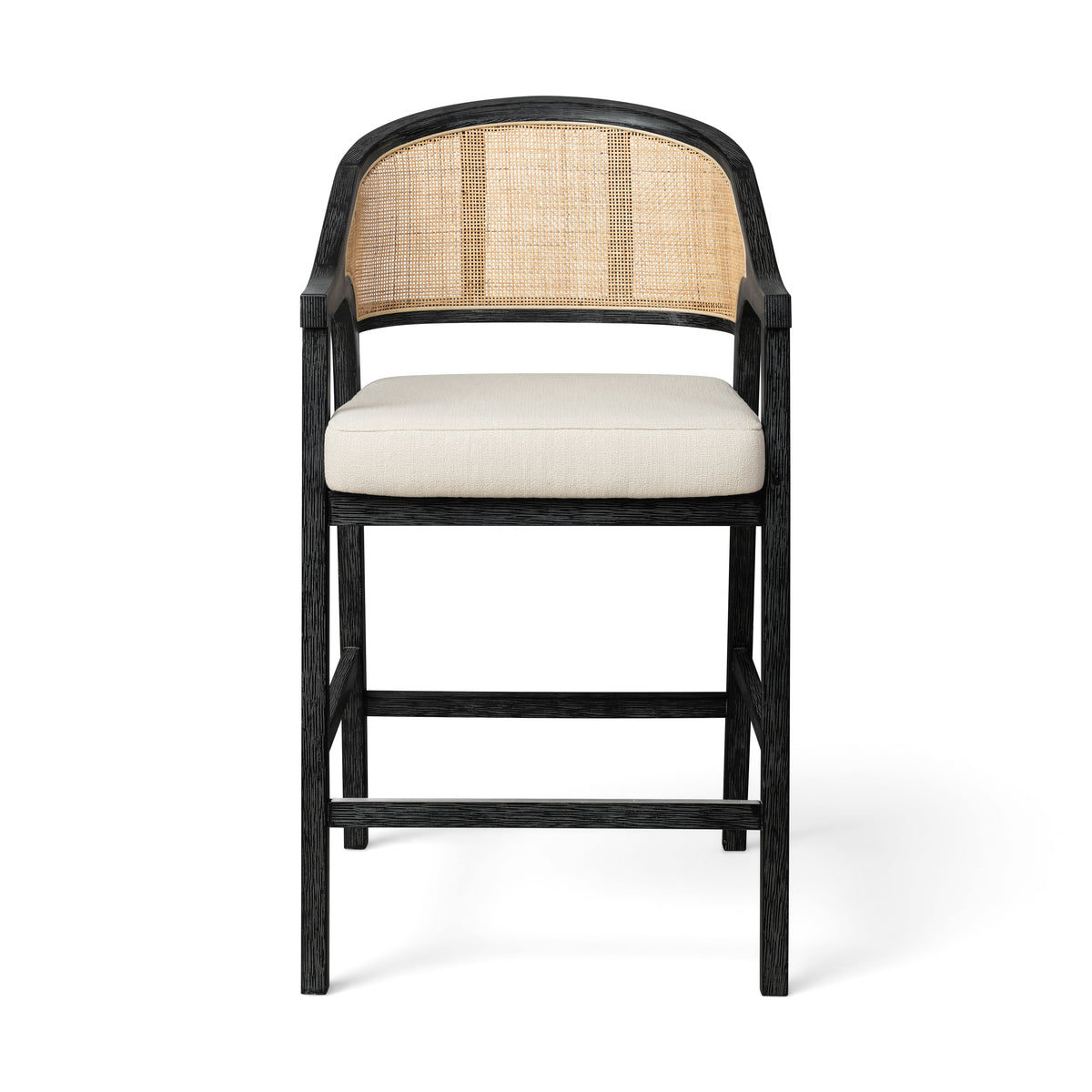 Chloe Counter Stool in Black Finish with Beige Fabric Upholstery and Natural Rattan Back in Stools by Maven Lane