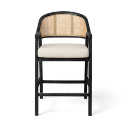 Chloe Counter Stool in Black Finish with Beige Fabric Upholstery and Natural Rattan Back in Stools by Maven Lane