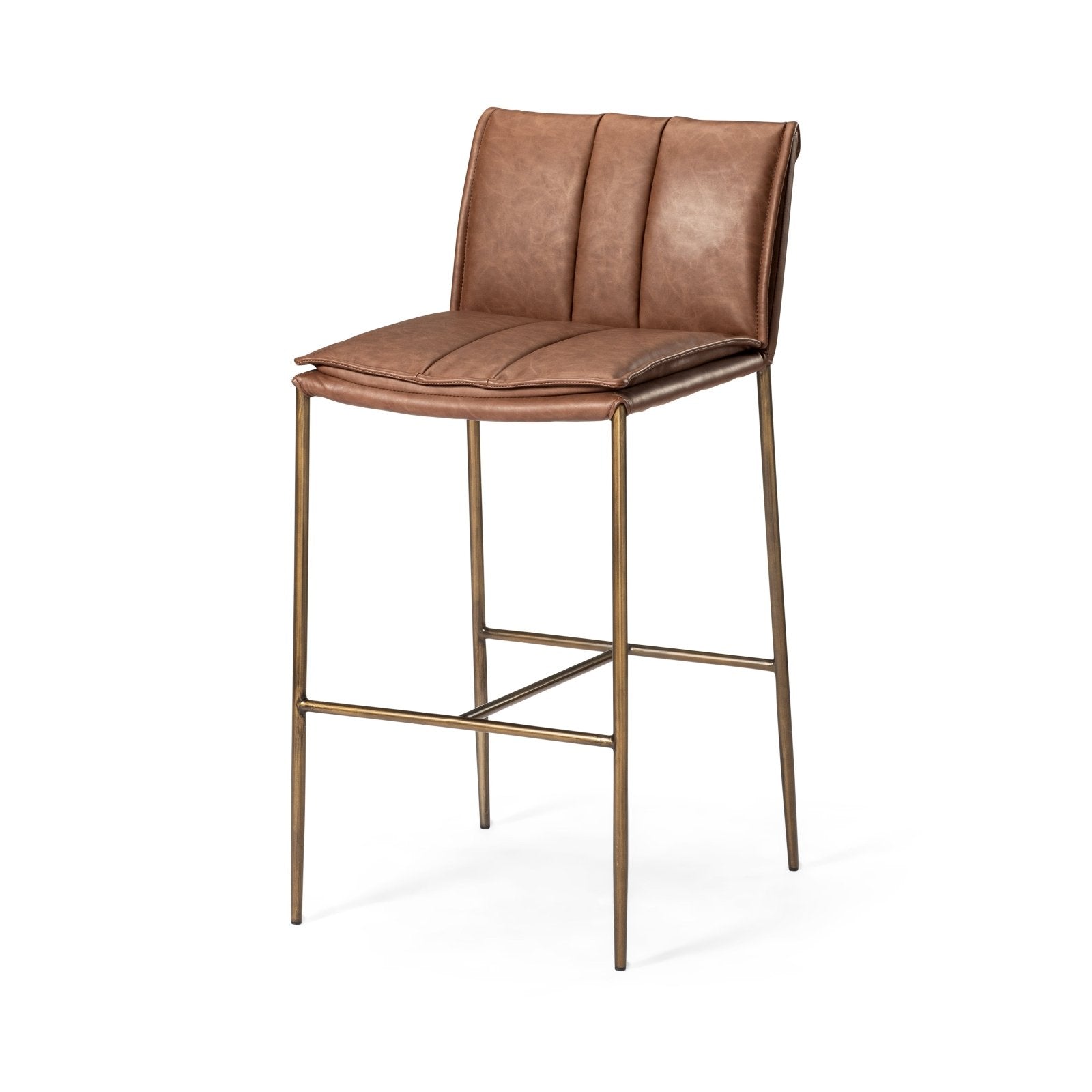 Gerard Bar Stool In Antique Brass Finish With Cocoa Brown Vegan Leather in Stools by Maven Lane