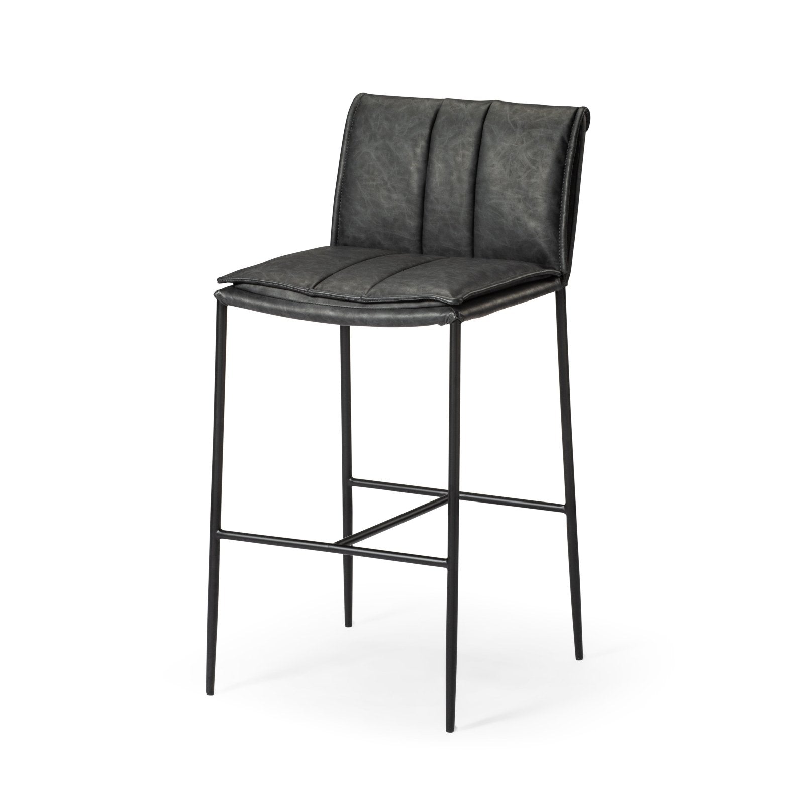 Gerard Bar Stool In Matte Black Finish With Charcoal Black Vegan Leather in Stools by Maven Lane