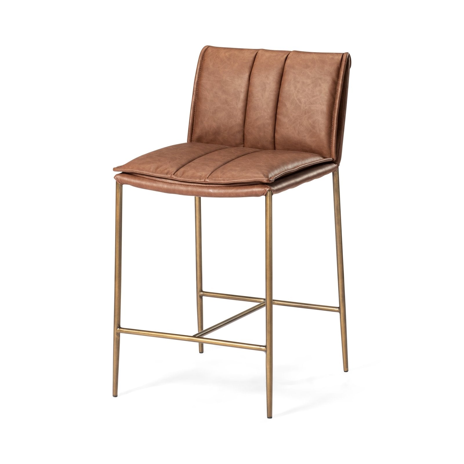 Gerard Counter Stool In Antique Brass Finish With Cocoa Brown Vegan Leather in Stools by Maven Lane