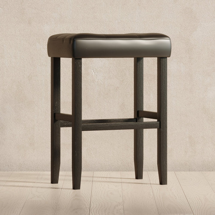 Harper Bar Stool in Rustic Black Wood Finish with Distressed Black Vegan Leather, Set of 2 in Stools by Maven Lane