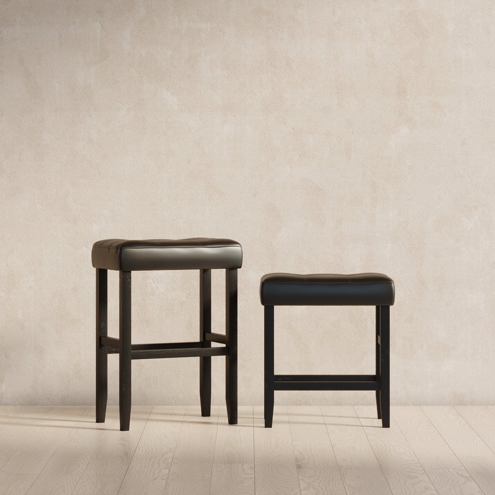 Harper Bar Stool in Rustic Black Wood Finish with Distressed Black Vegan Leather, Set of 2 in Stools by Maven Lane