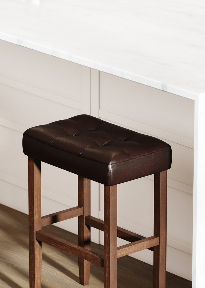 Harper Bar Stool in Walnut Wood Finish with Distressed Brown Vegan Leather, Set of 2 in Stools by Maven Lane