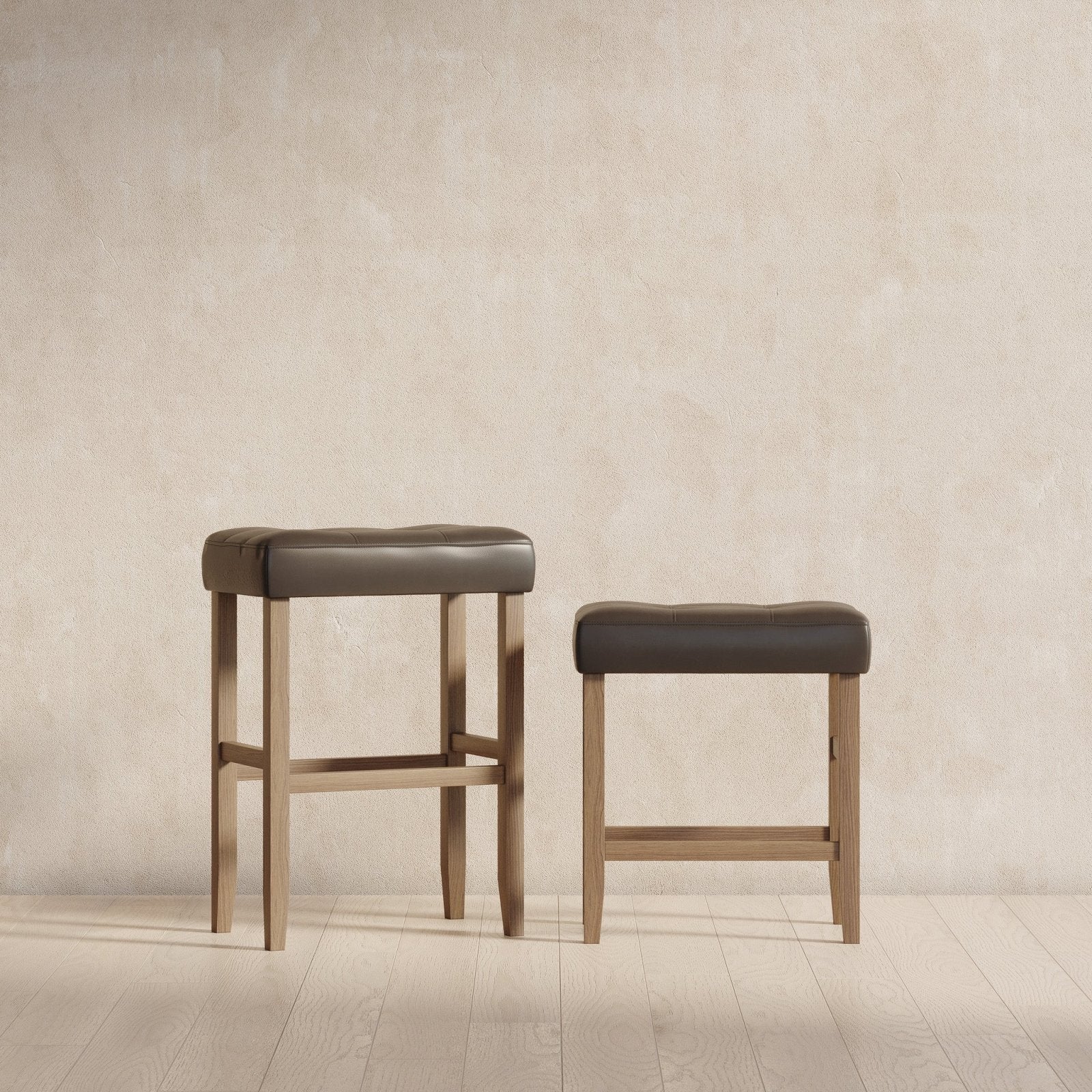 Harper Bar Stool in Weathered Oak Wood Finish with Distressed Grey Vegan Leather, Set of 2 in Stools by Maven Lane