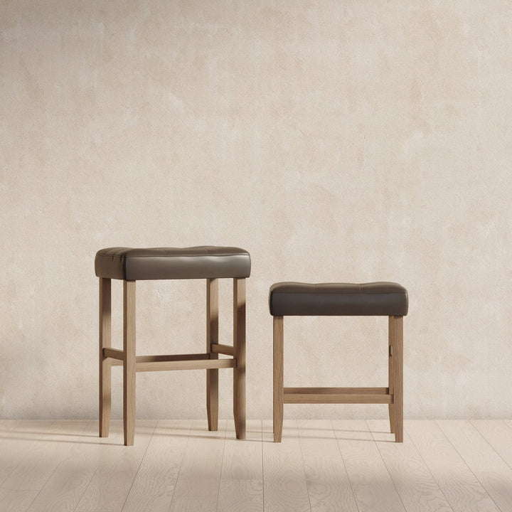 Harper Bar Stool in Weathered Oak Wood Finish with Distressed Grey Vegan Leather, Set of 2 in Stools by Maven Lane