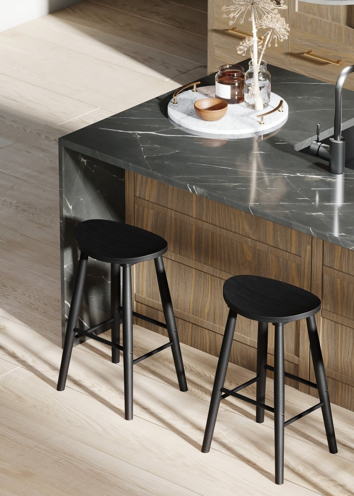 Luna Bar Stool in Rustic Black Wood Finish in Stools by Maven Lane