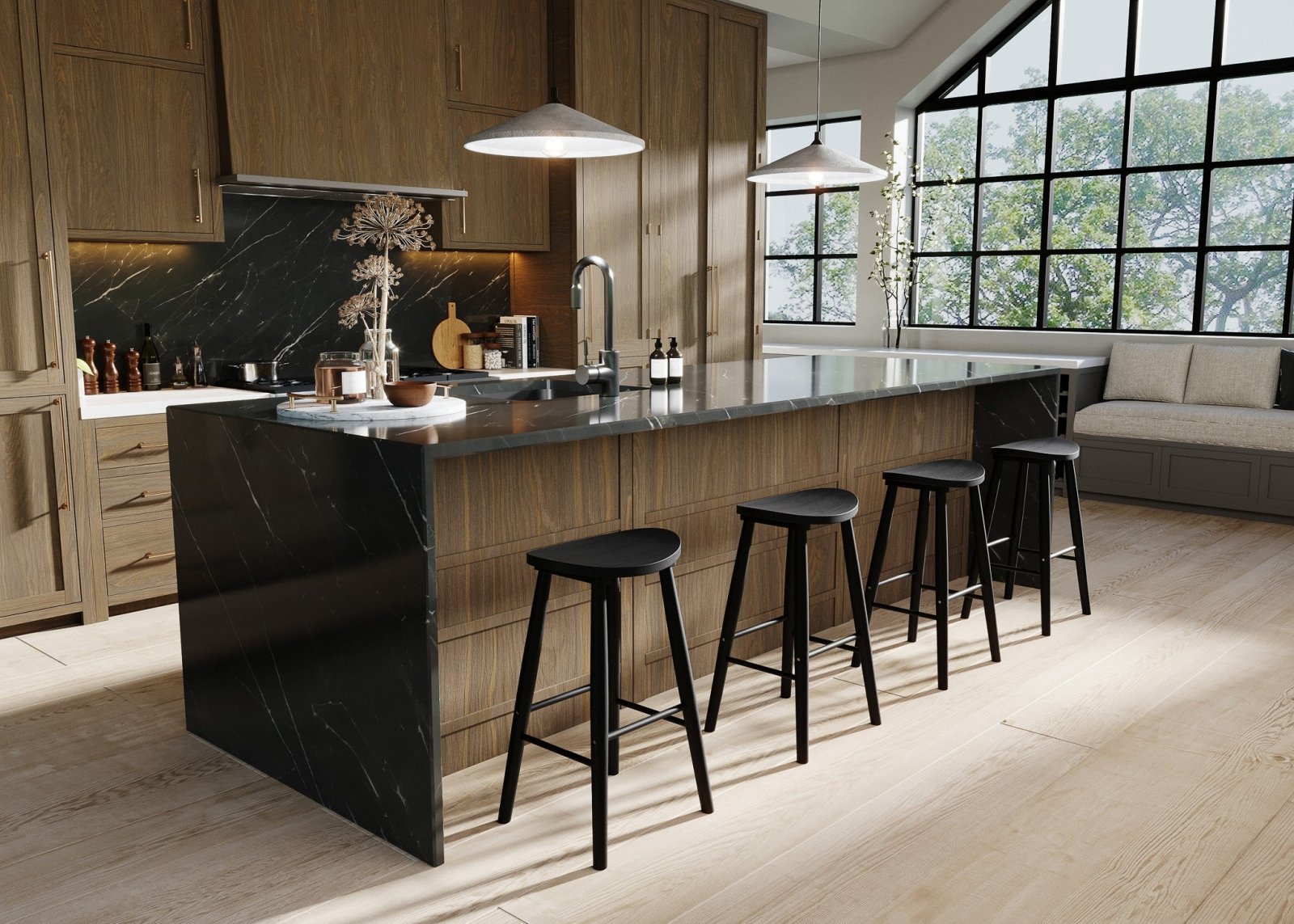 Luna Bar Stool in Rustic Black Wood Finish in Stools by Maven Lane