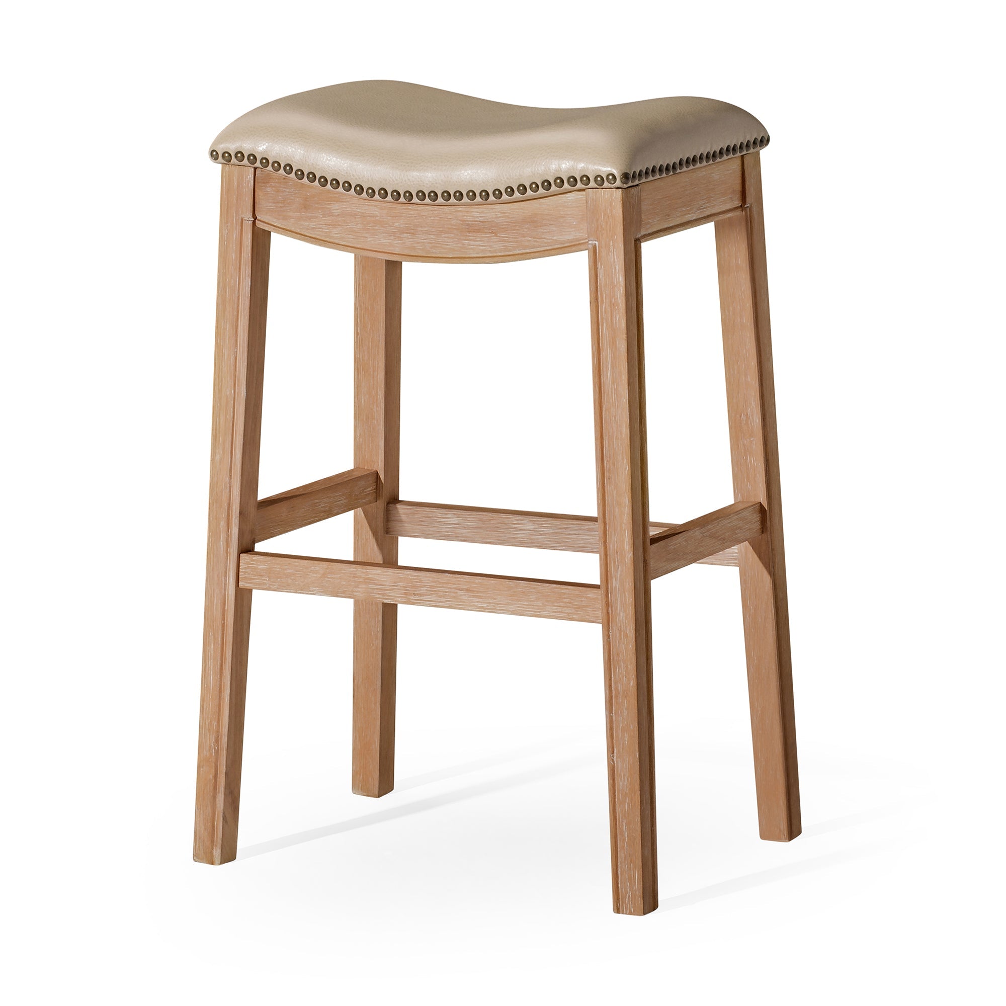 Adrien Saddle Bar Stool in Natural Wood Finish with Wheat Fabric Uphol