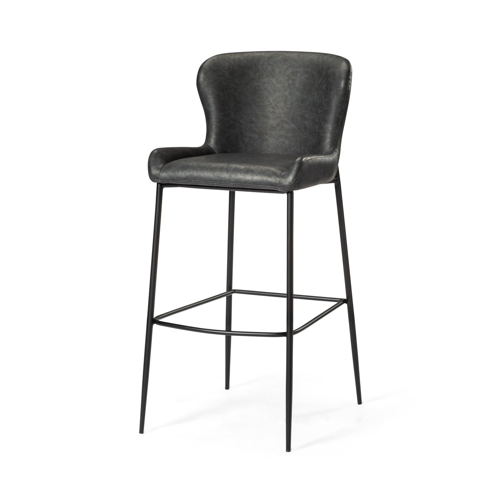 Naomi Bar Stool In Matte Black Finish With Charcoal Black Vegan Leather Upholstery in Stools by Maven Lane