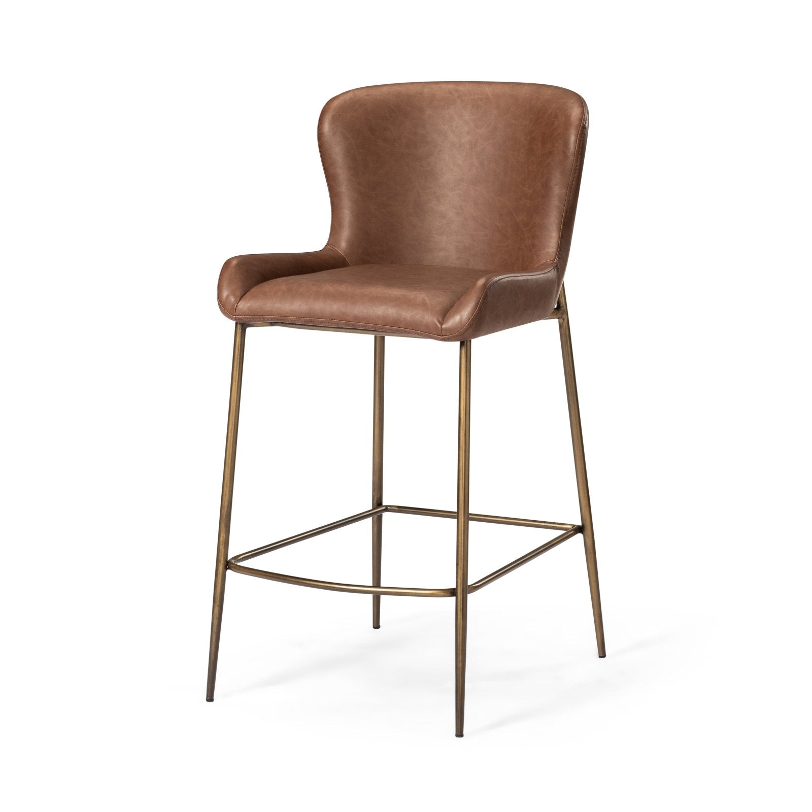 27" Naomi Counter Stool in Antique Brass Finish with Cocoa Brown Vegan Leather Upholstery in Maven Lane by Maven Lane