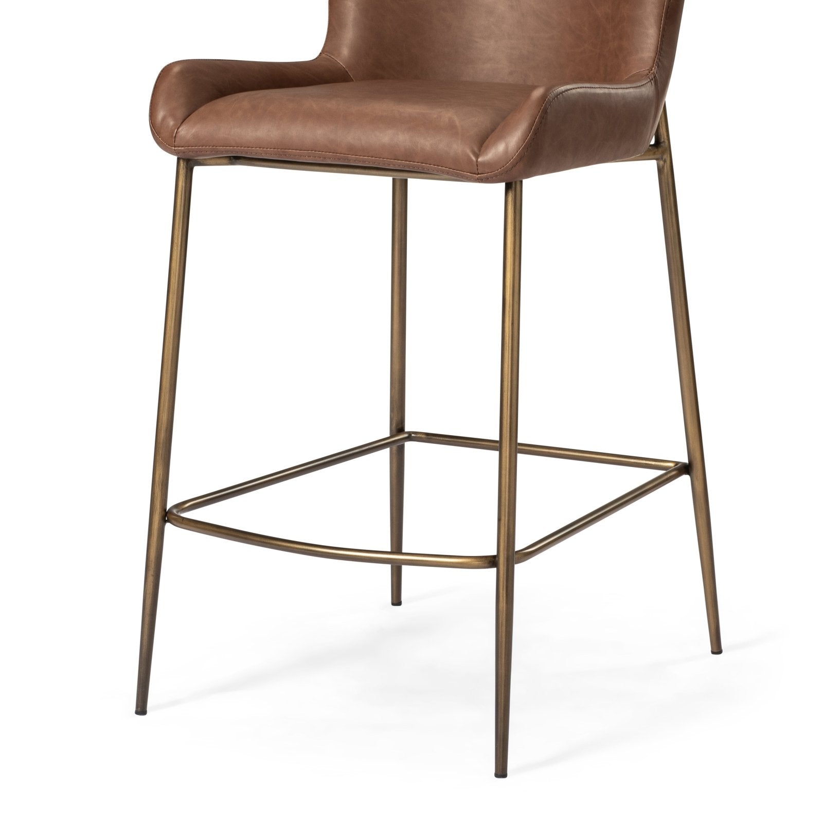 27" Naomi Counter Stool in Antique Brass Finish with Cocoa Brown Vegan Leather Upholstery in Maven Lane by Maven Lane