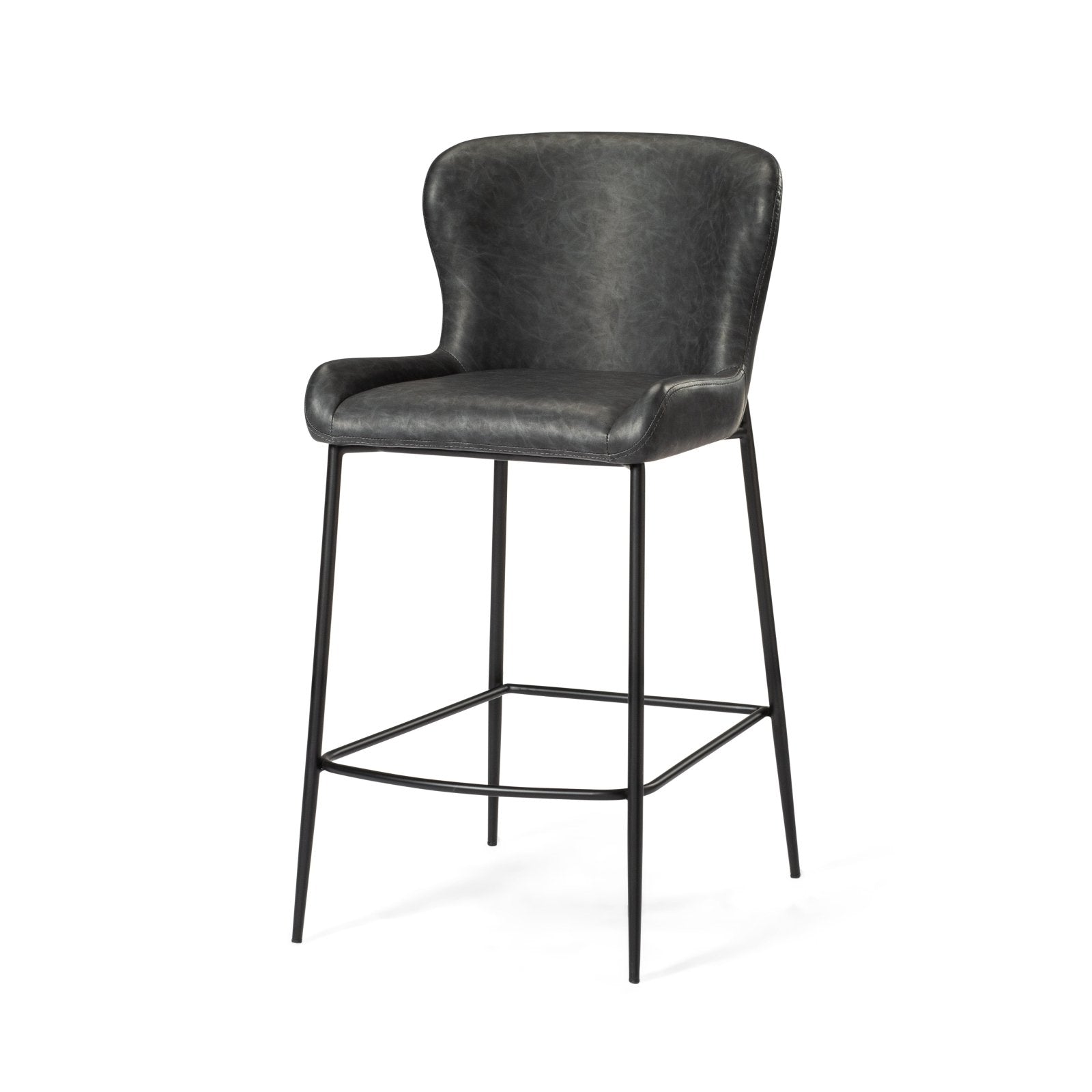 Naomi Counter Stool In Matte Black Finish With Charcoal Black Vegan Leather Upholstery in Stools by Maven Lane