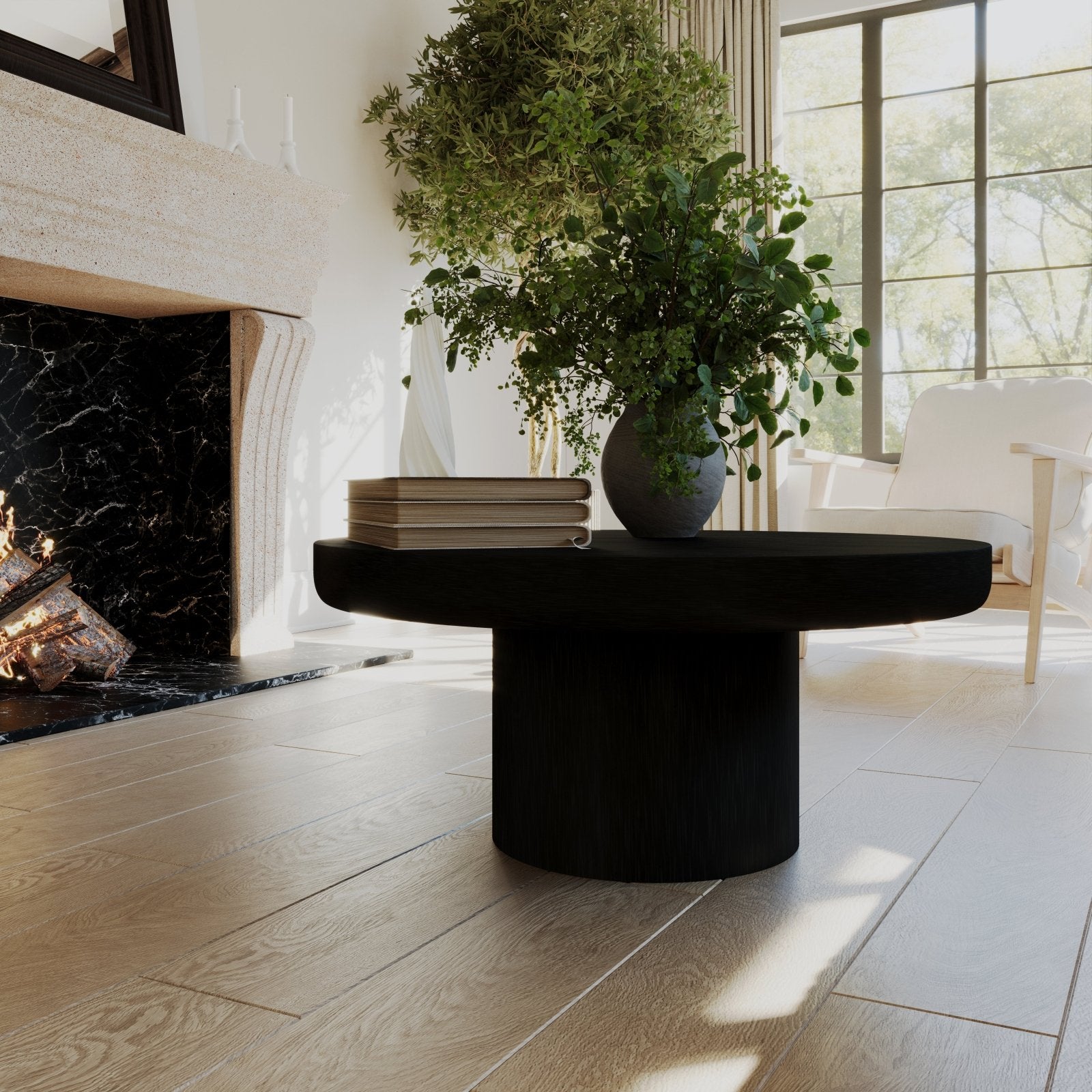 Owen Rustic Circular Wooden Coffee Table in Aged Black in Accent Tables by Maven Lane