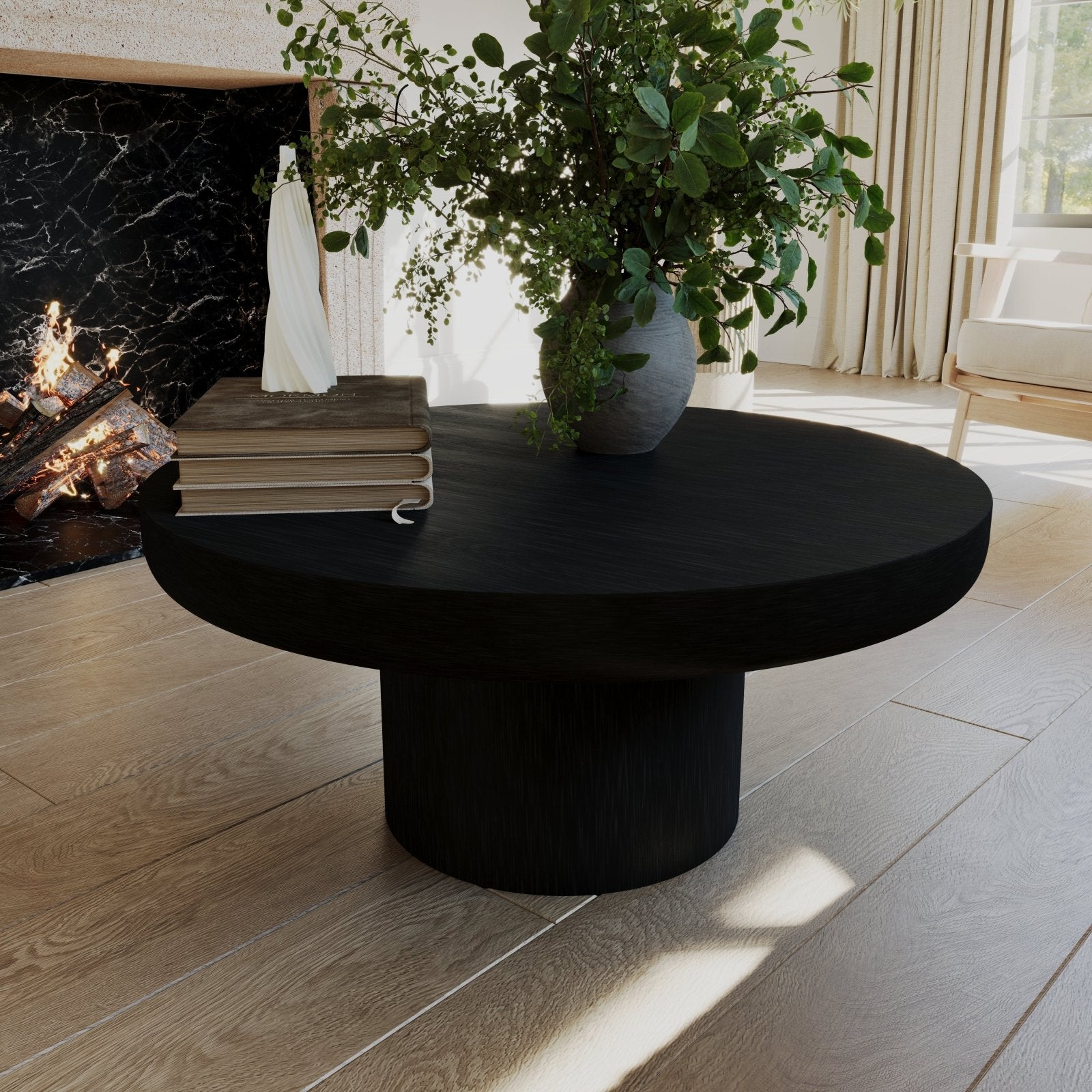 Owen Rustic Circular Wooden Coffee Table in Aged Black in Accent Tables by Maven Lane
