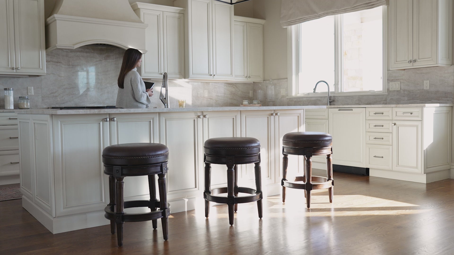 27" Pullman backless swivel counter height kitchen stool - dark walnut finish w/ vintage brown vegan leather in Stools by Maven Lane