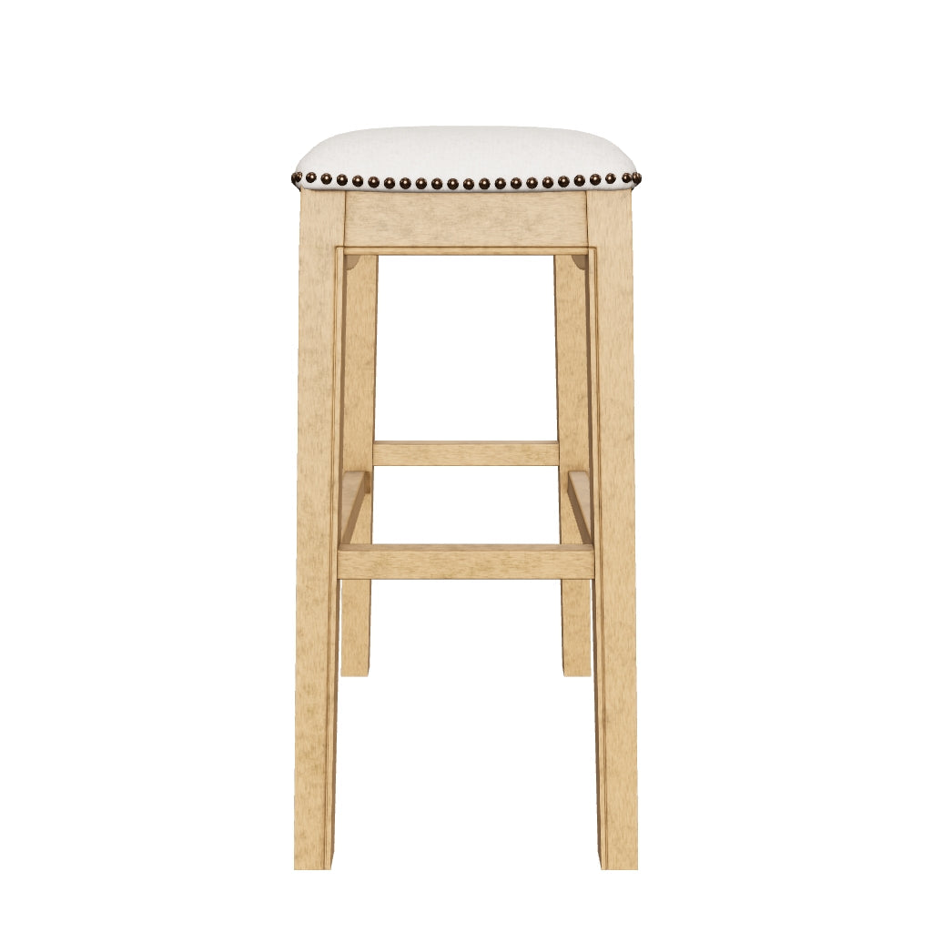 Adrien Saddle Bar Stool in Natural Wood Finish w/ Wheat Fabric Upholstery in Stools by Maven Lane