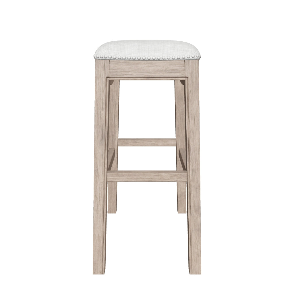 Adrien Saddle Bar Stool In Reclaimed Oak Finish With Ash Grey Fabric Upholstery in Stools by Maven Lane