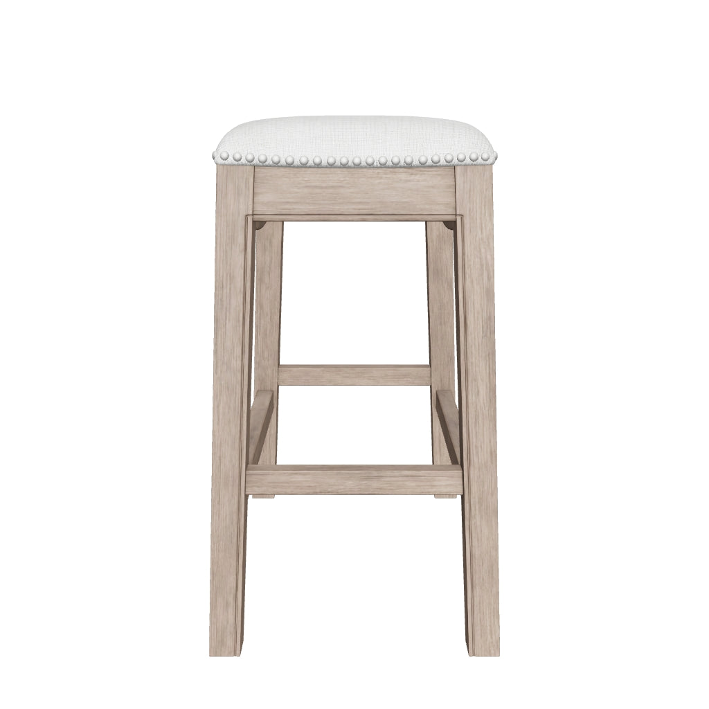 Adrien Saddle Counter Height Kitchen Stool - Reclaimed Oak Finish With Ash Grey Fabric Upholstery in Stools by Maven Lane