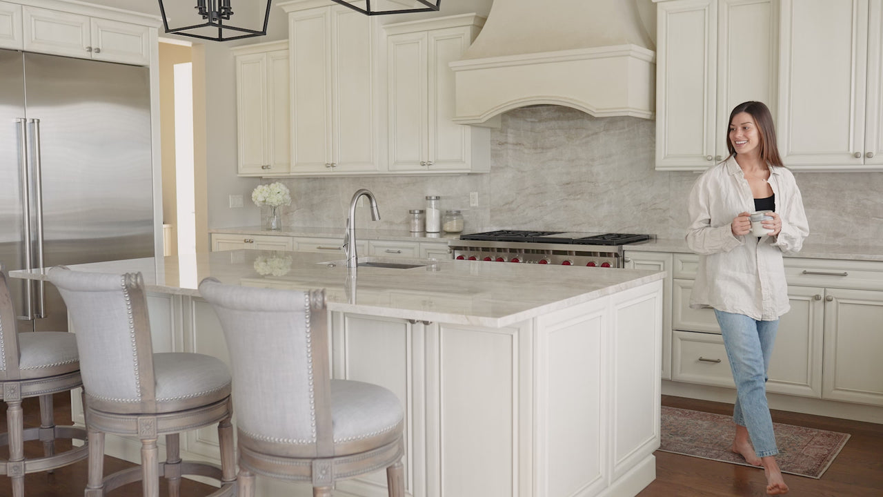 Pullman Bar Stool in Grey Finish with Grey Fabric in Stools by Maven Lane