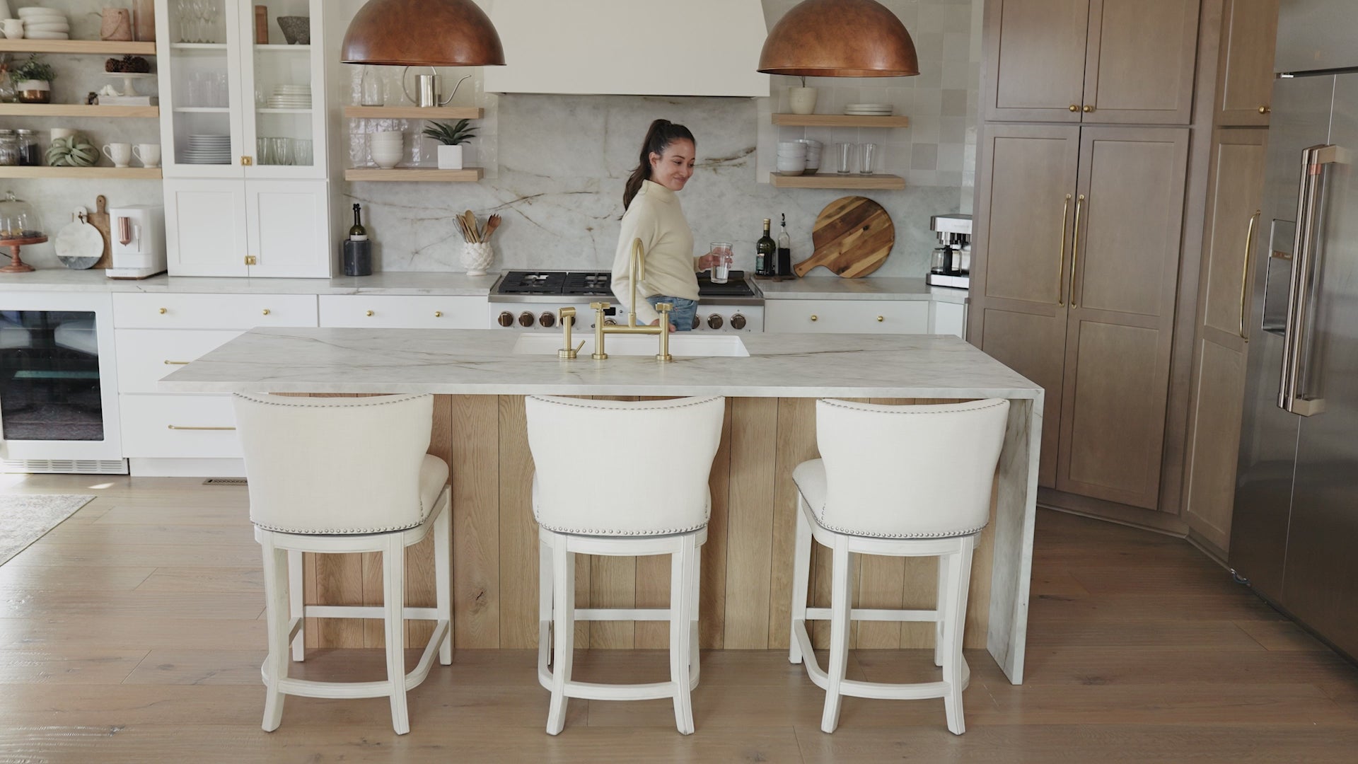 Hugo Bar Stool in White Oak Finish with Natural Fabric Upholstery