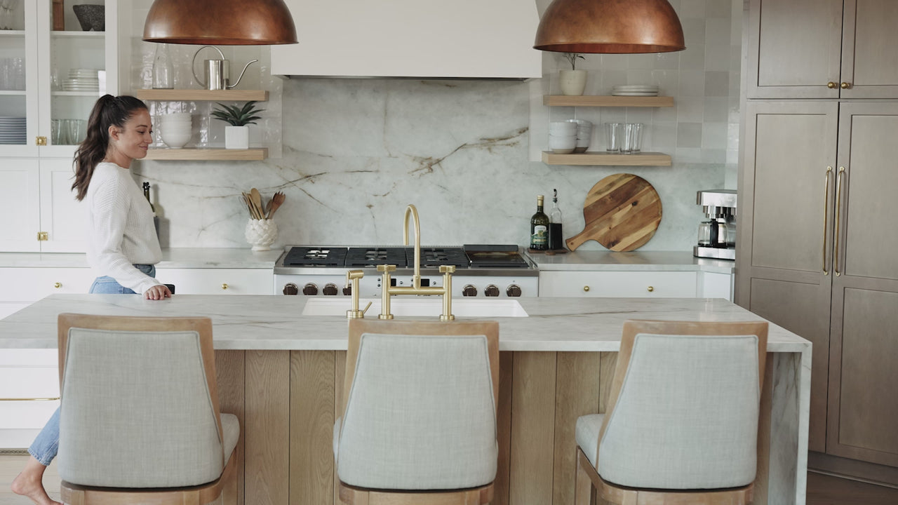 Vienna Swivel Bar Stool in Light Brown Finish with Natural Fabric in Stools by Maven Lane