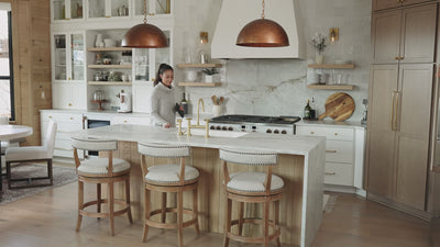 31" Alexander Counter Bar Stool in Natural Finish with Light Grey Fabric Upholstery in Stools by Maven Lane