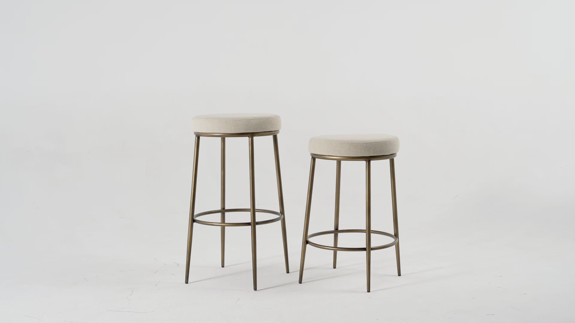 31" Stella Bar Stool in Antique Brass Finish with Light Beige Fabric Upholstery in Maven Lane by Maven Lane