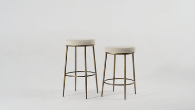 31" Stella Bar Stool in Antique Brass Finish with Light Beige Fabric Upholstery in Maven Lane by Maven Lane