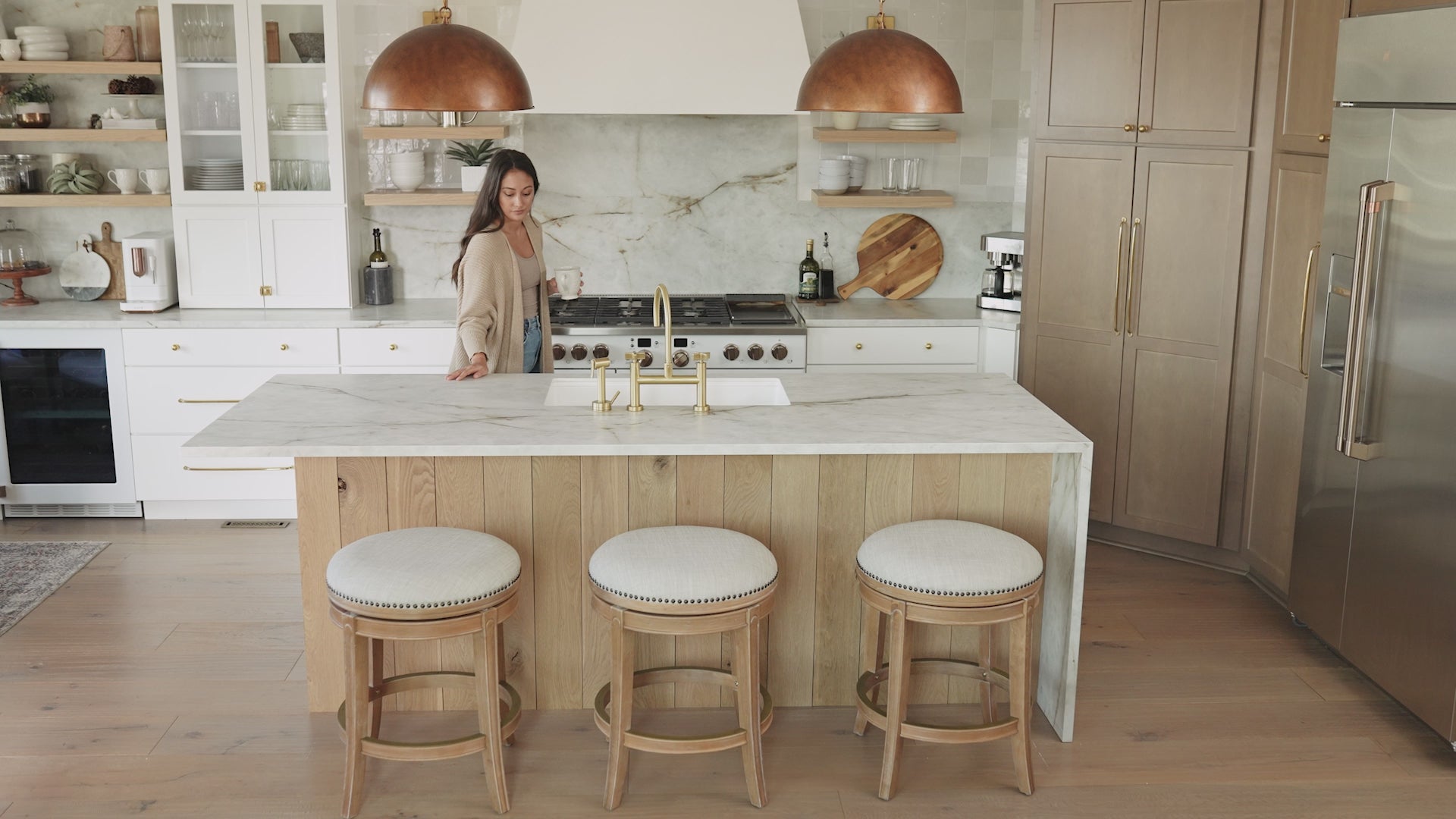26" Alexander Backless Counter Stool in Weathered Oak Finish with Sand Color Fabric Upholstery in Stools by Maven Lane