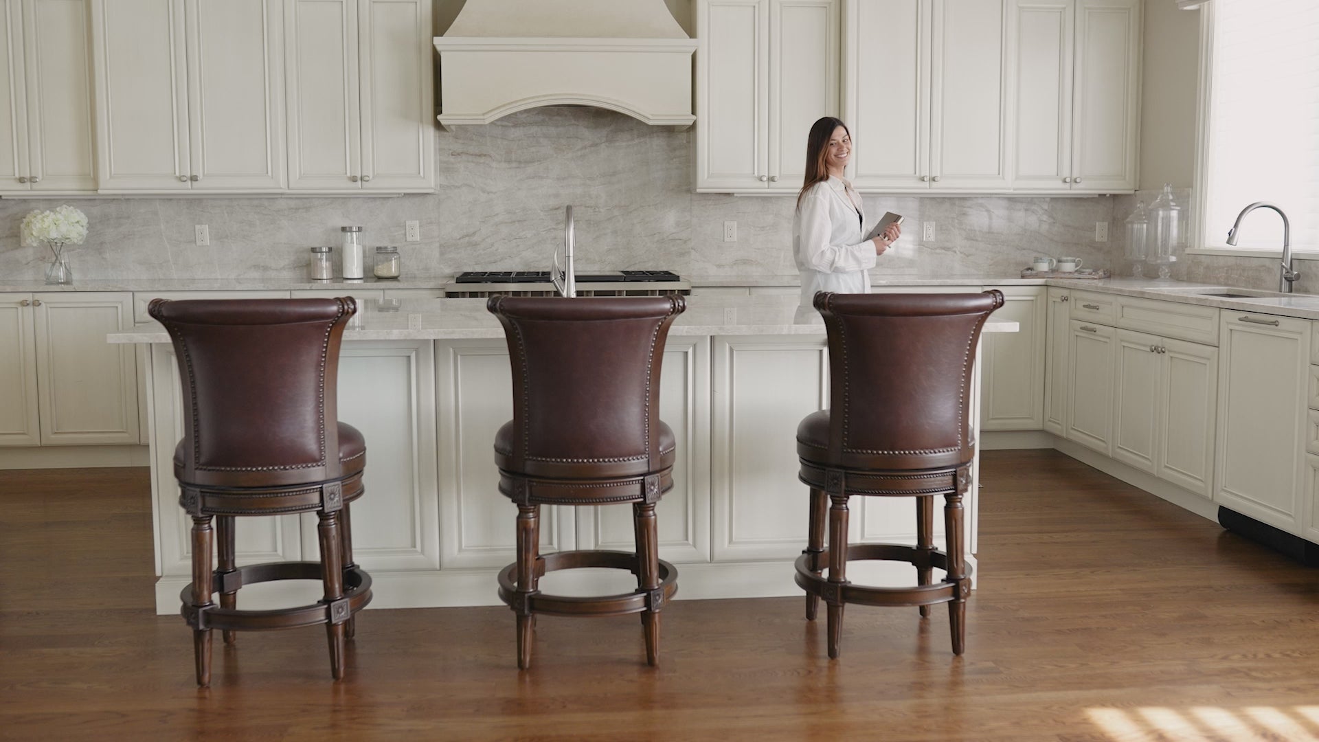 Pullman Bar Stool In Dark Walnut Finish With Vintage Brown Vegan Leather in Stools by Maven Lane