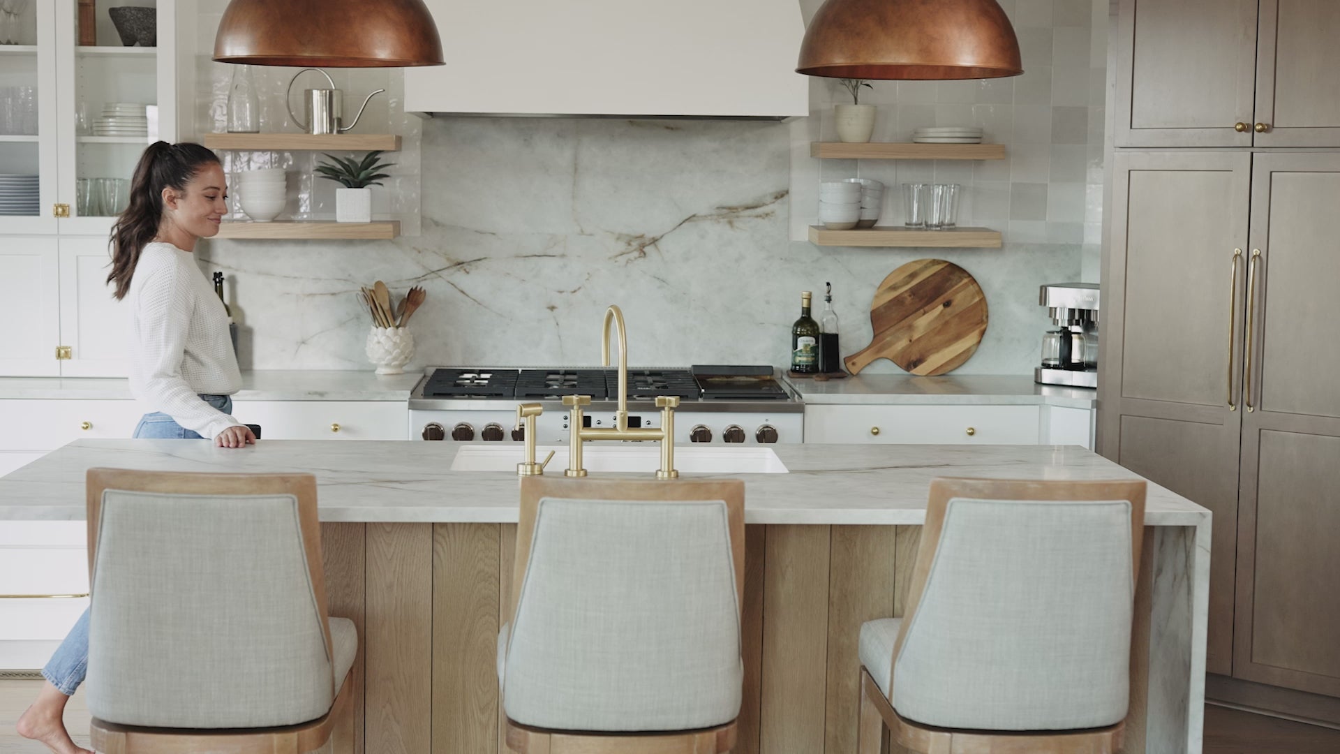 Vienna Bar Stool in Weathered Oak Finish with Sand Color Fabric Upholstery in Stools by Maven Lane