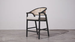 Chloe Counter Stool in Black Finish with Beige Fabric Upholstery and Natural Rattan Back in Stools by Maven Lane