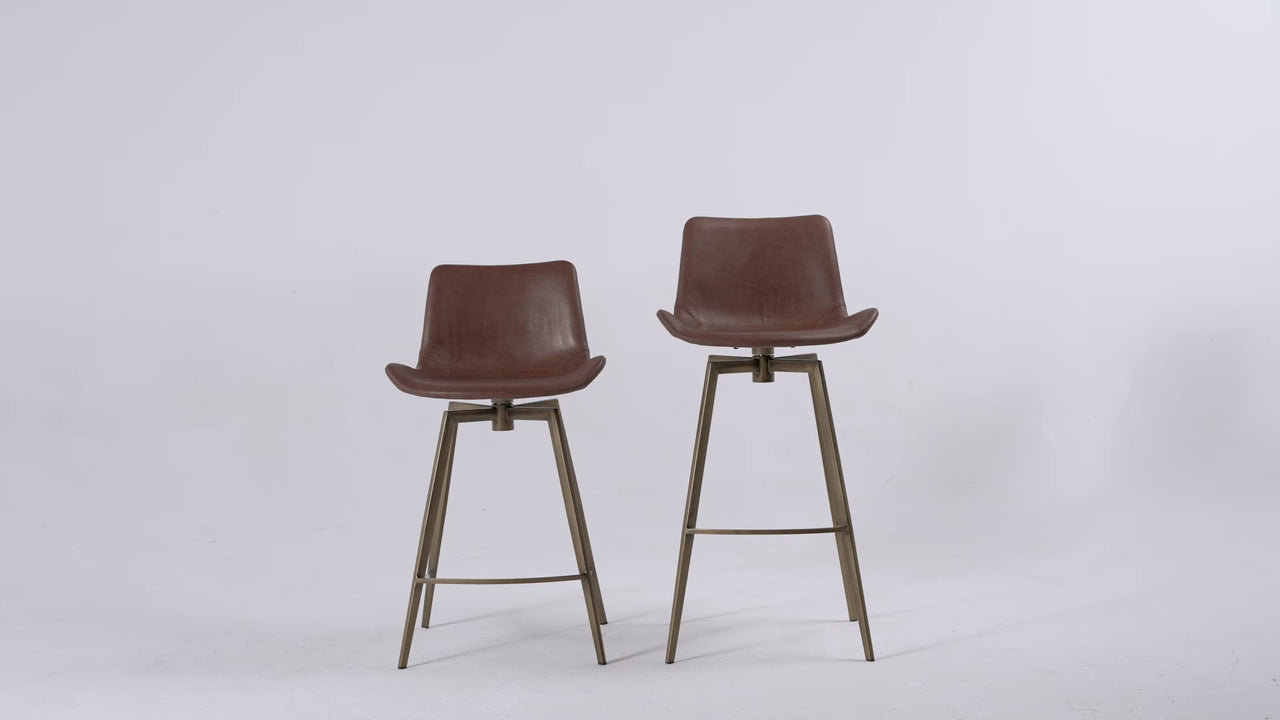 Victor Bar Stool in Aged Gold Finish with Brown Faux Leather in Stools by Maven Lane