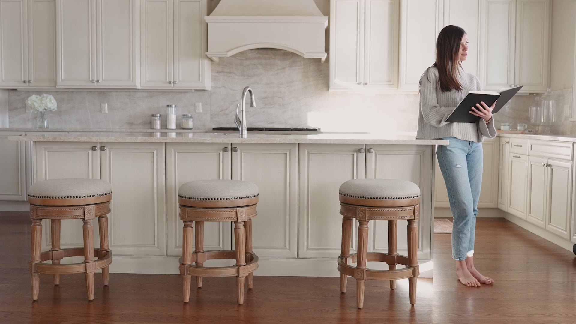 27" Pullman backless swivel counter height kitchen stool - weathered oak finish with sand color fabric upholstery in Stools by Maven Lane