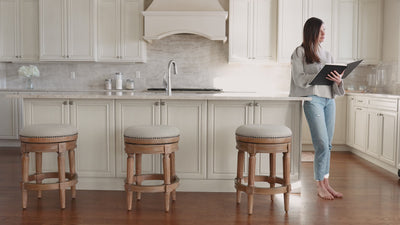 27" Pullman backless swivel counter height kitchen stool - weathered oak finish with sand color fabric upholstery in Stools by Maven Lane