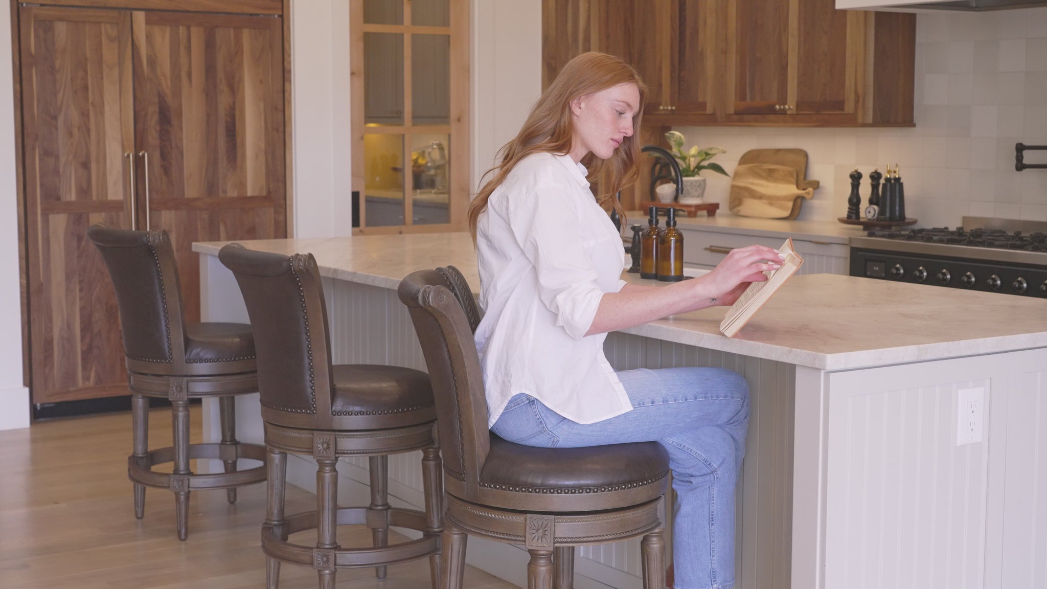 Pullman Bar Stool in Brown Finish with Brown Faux Leather in Stools by Maven Lane
